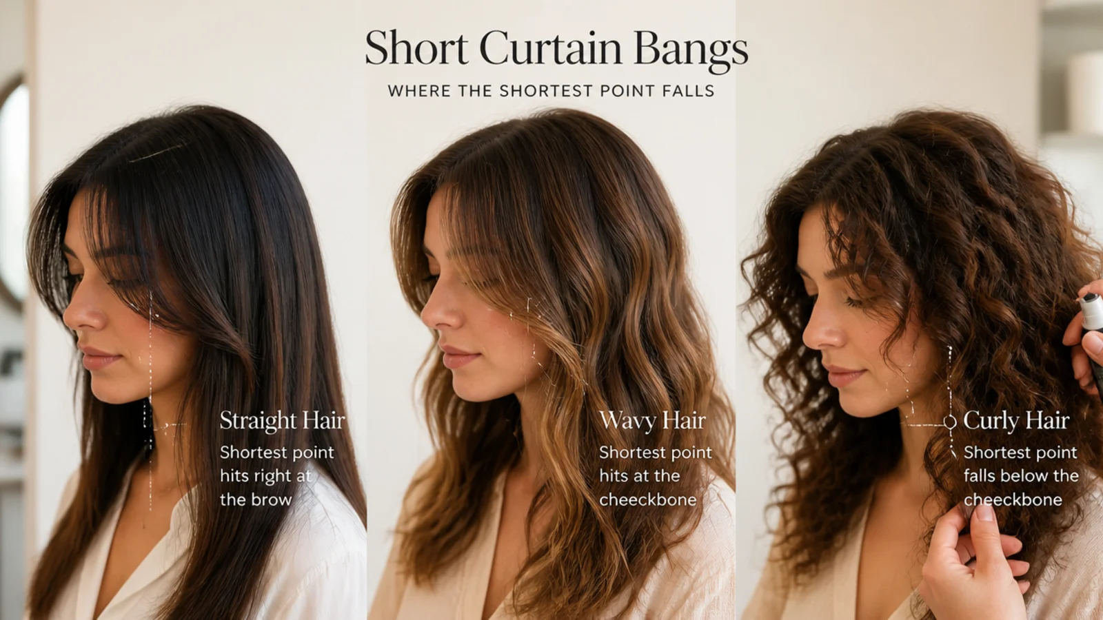 Straight, wavy and curly front sections shown side by side after cutting