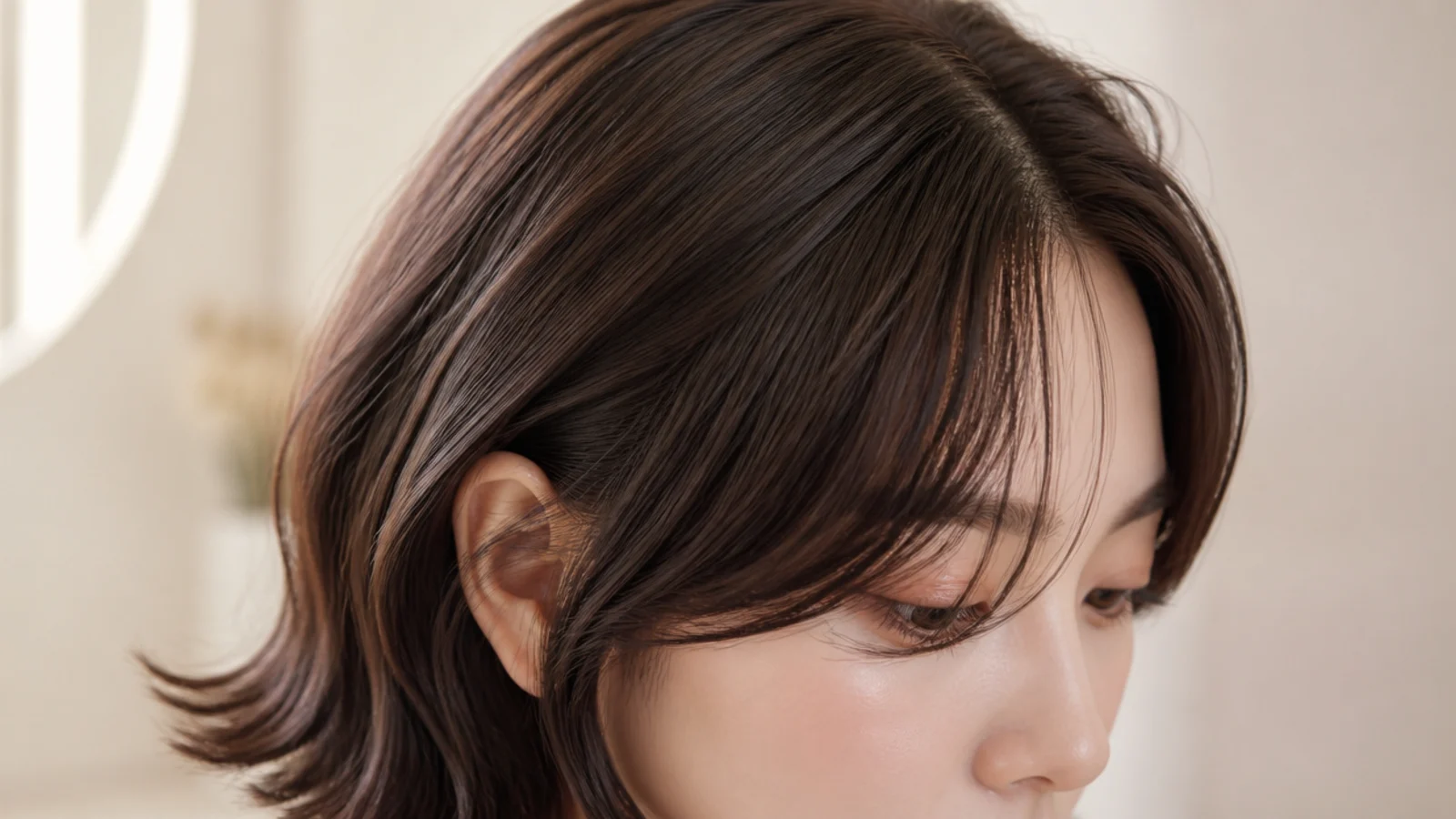 A chin length bob with both the ends and the fringe curled outward