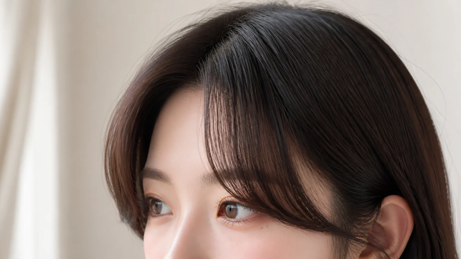 A curtain fringe with long outer pieces falling either side of a rounder face