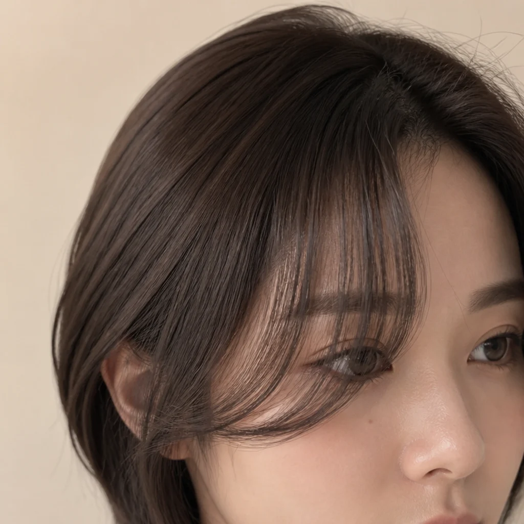 Soft diagonal fringe pieces framing a strong jawline