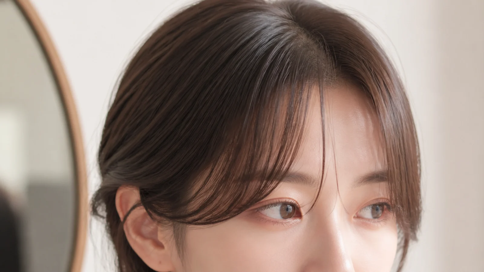 A fringe sitting close to the centre with long pieces down the cheeks