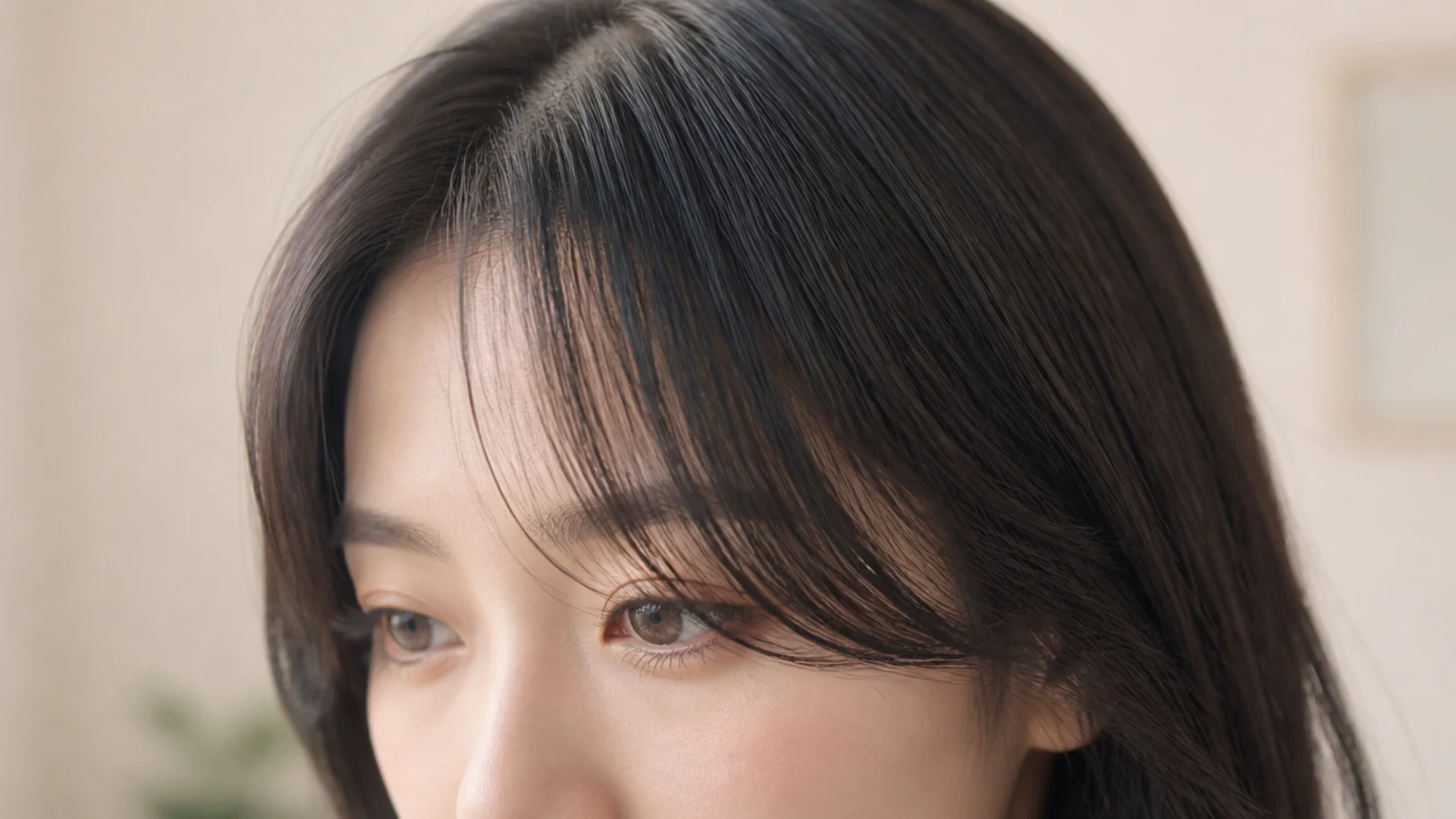 A precise light fringe on straight dark hair with curled ends