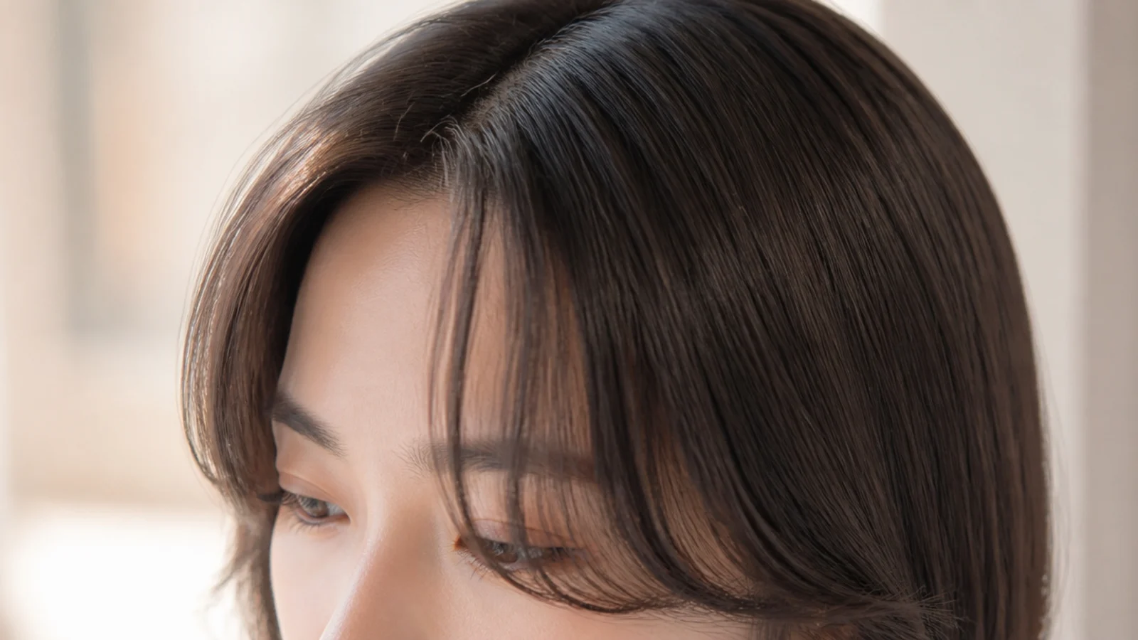 A permed fringe holding an outward curve without styling