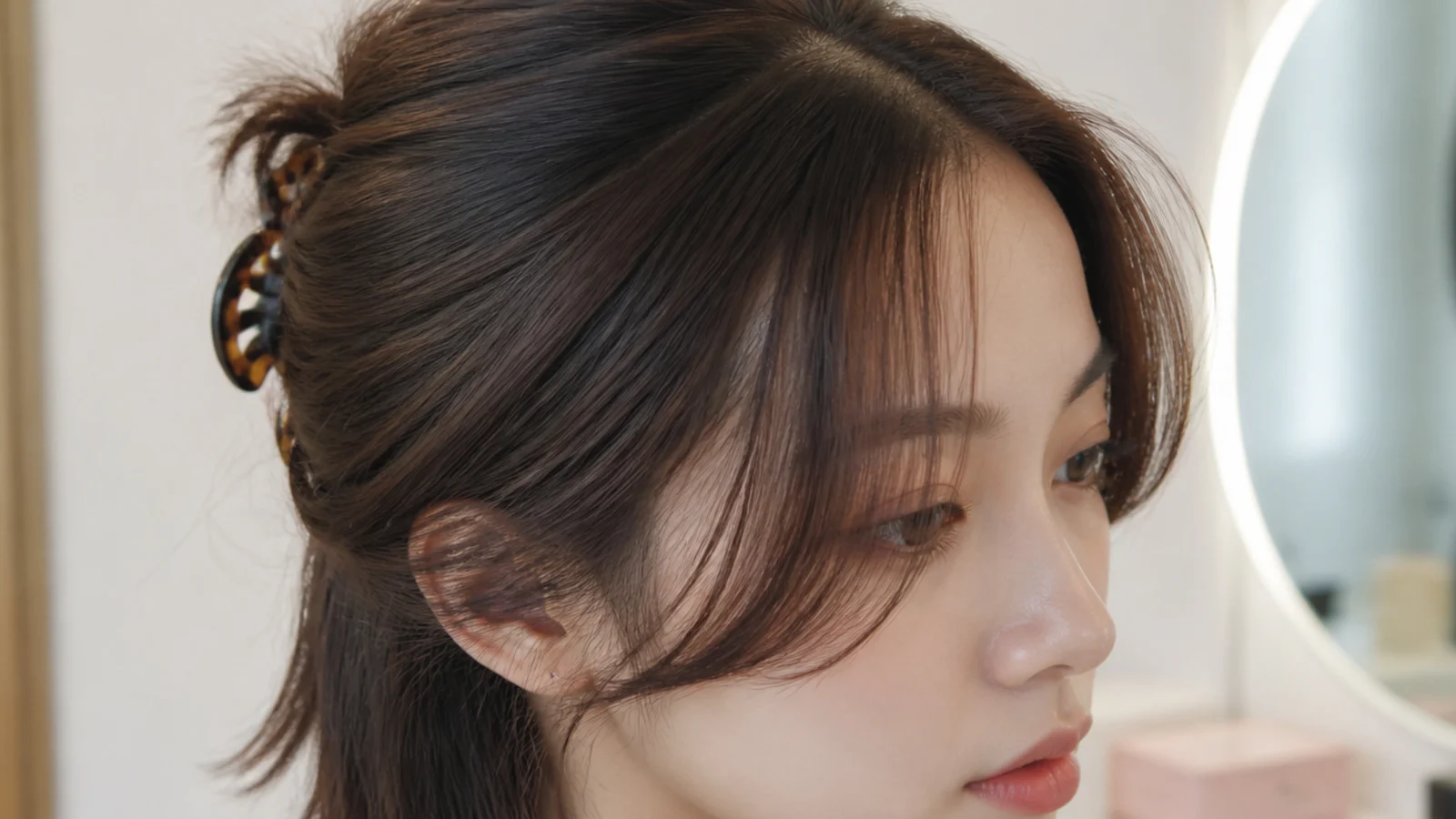 Hair clipped half up at the back with a light fringe left loose at the front