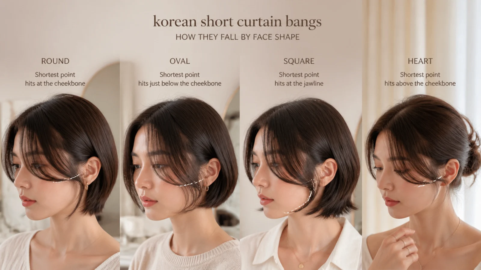 A see through fringe shown on three different face shapes