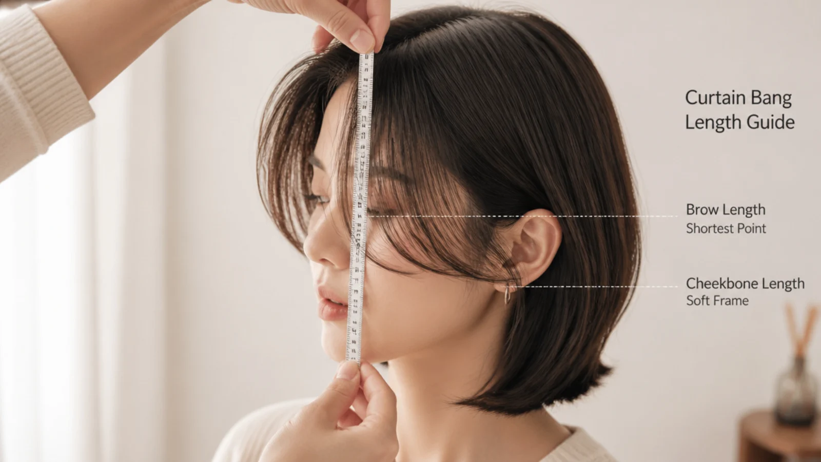 A short fringe held against the brow to check the finished length