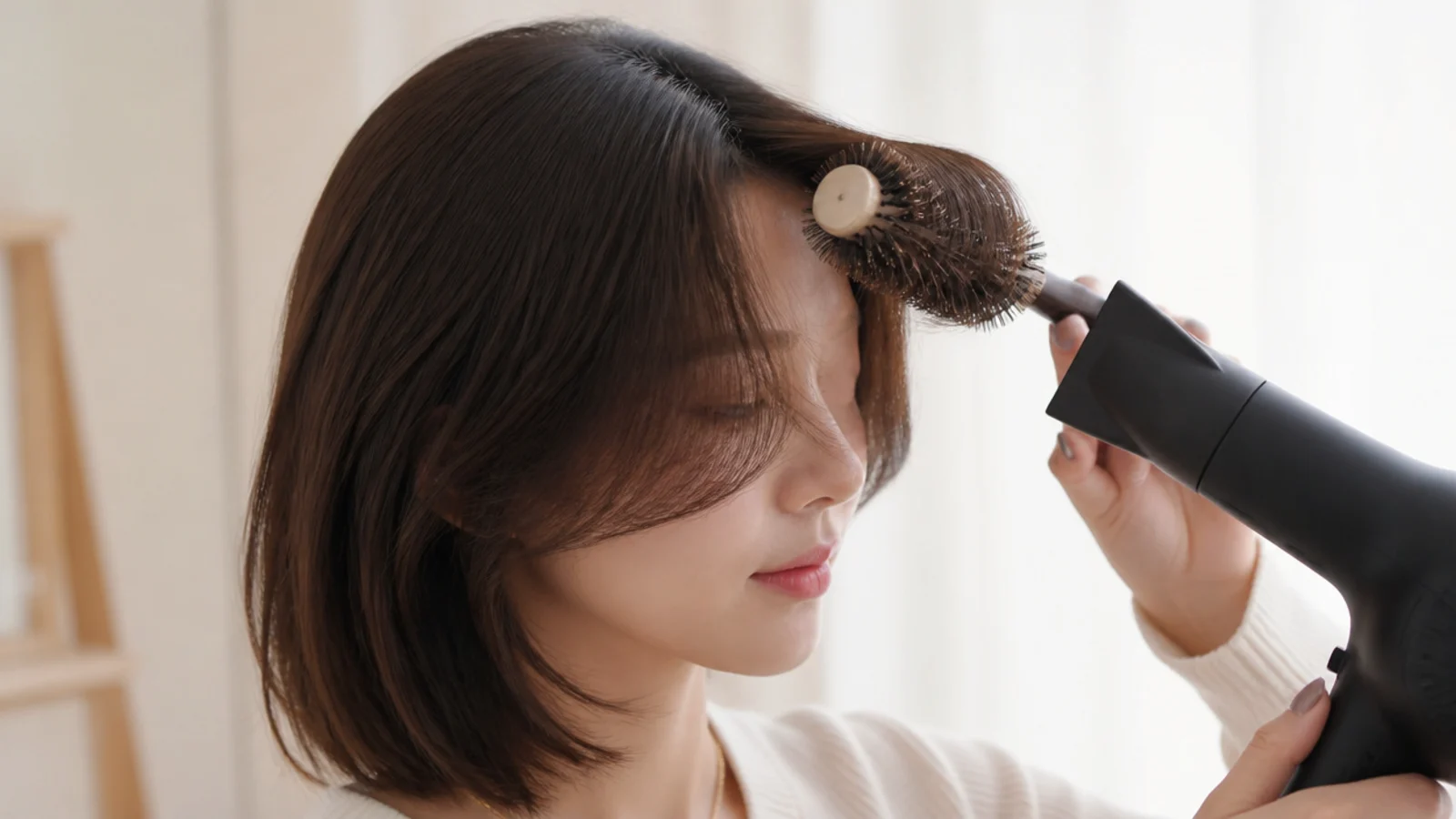 A narrow iron bending the ends of a fringe outward in front of a mirror