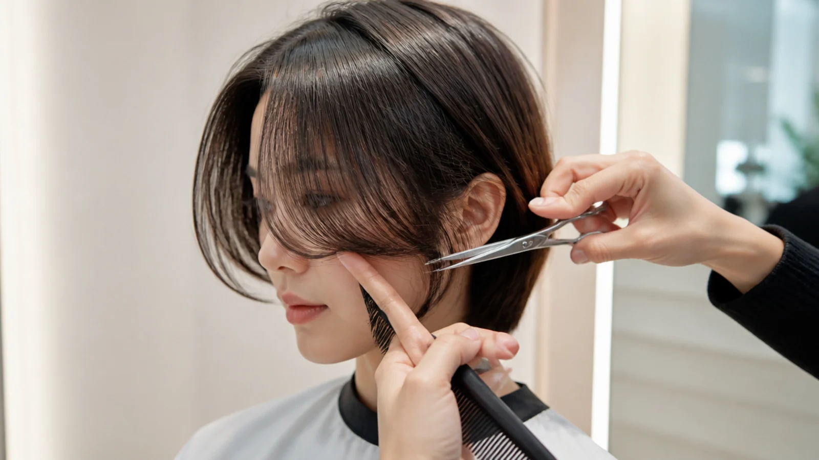 Shears thinning the outer corner of a light fringe