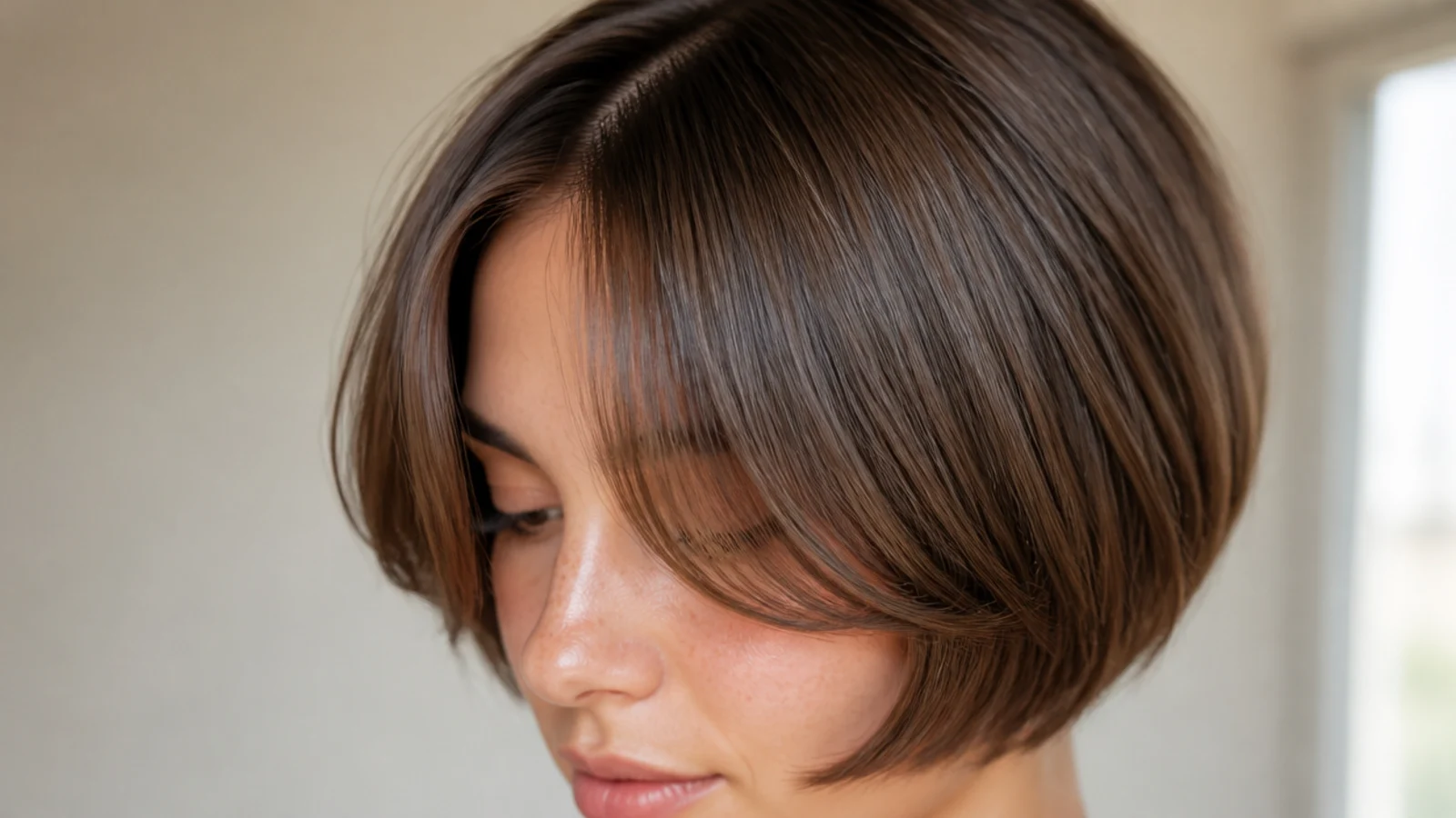 Front view of a chin-length bob with a short centre-parted fringe