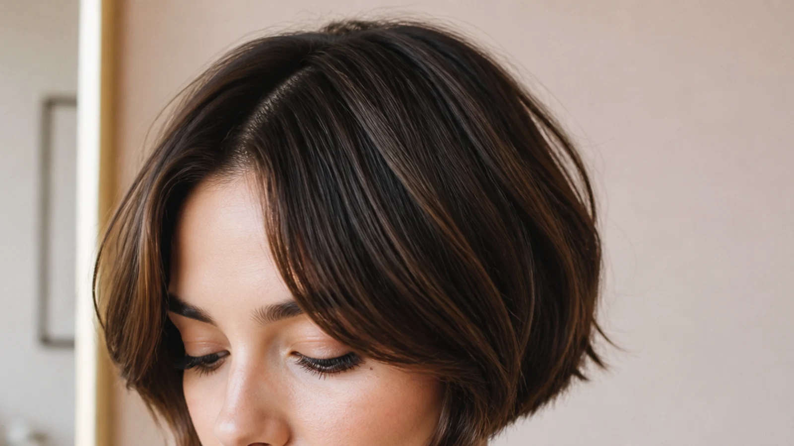 Three-quarter view of a French bob with a brow-length fringe