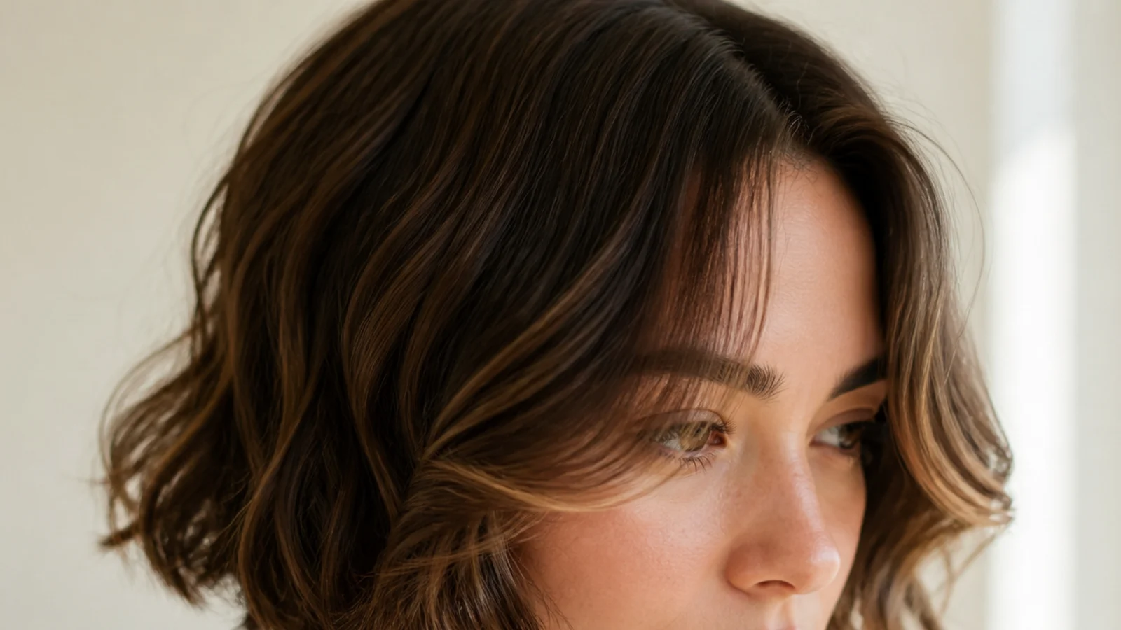 A wavy bob with a soft short fringe bending away from the face