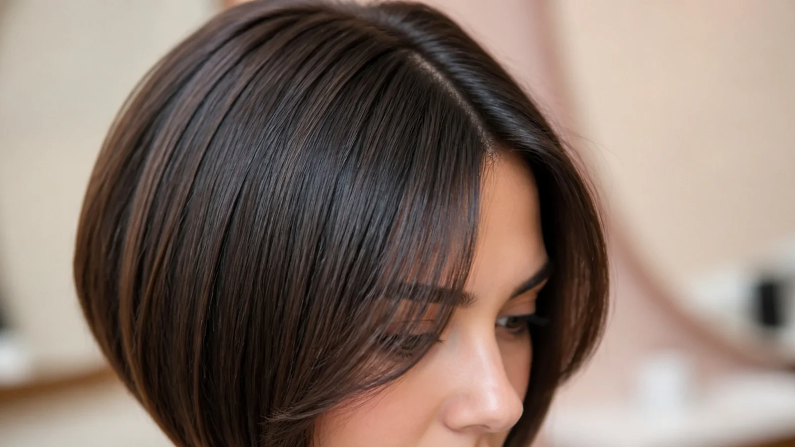 Side view of an A-line bob angling forward with a short fringe