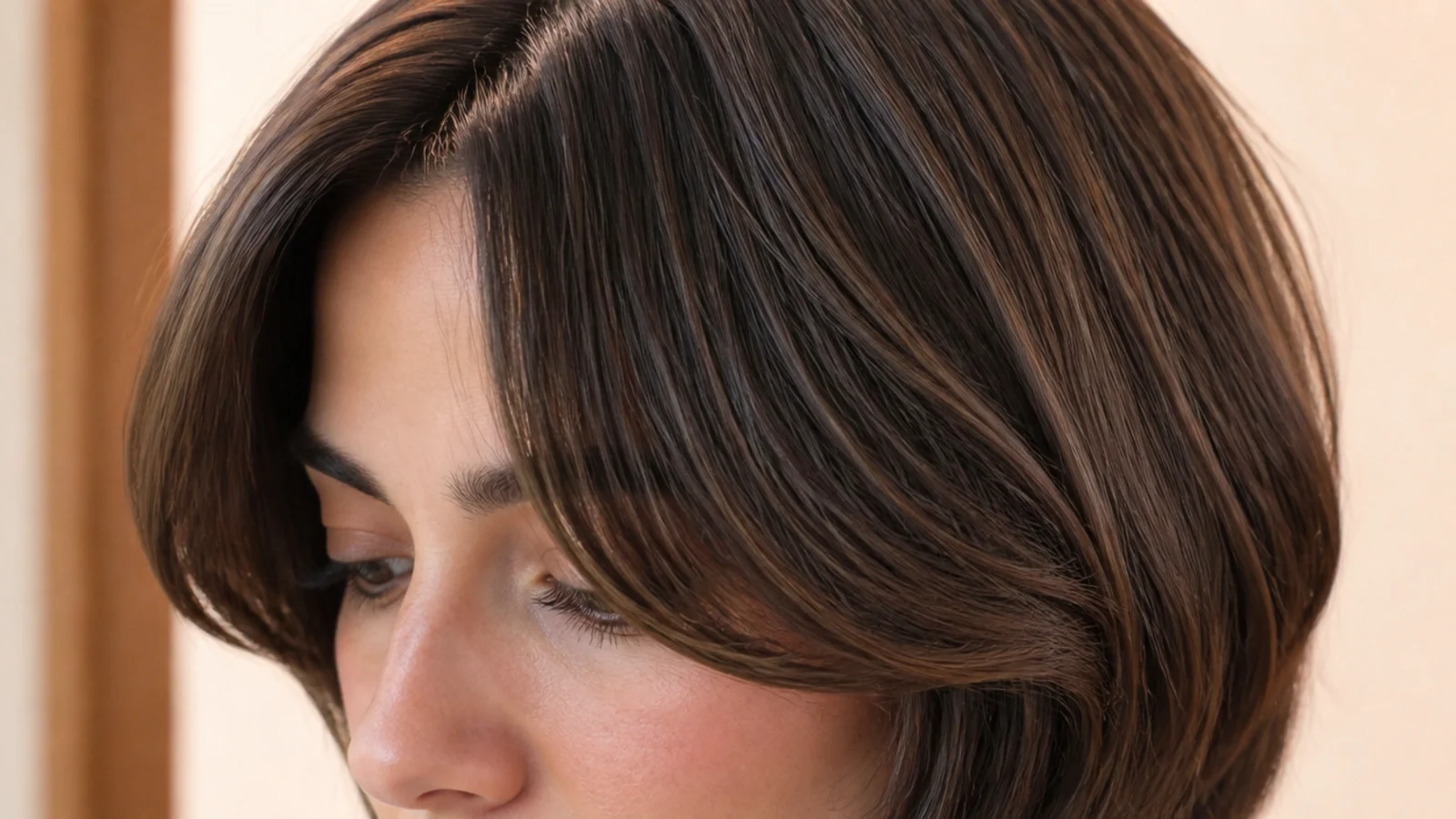 Front view of a bob with a wide-opening fringe on a round face