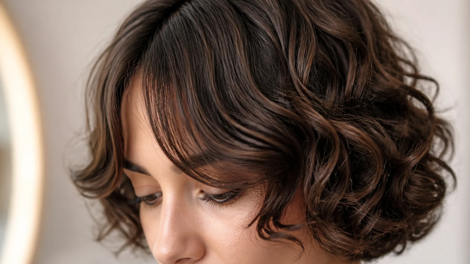A curly bob with a short fringe springing above the brow
