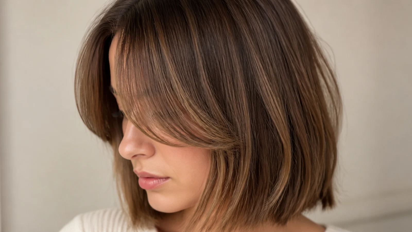A collarbone lob worn with a short centre-parted fringe
