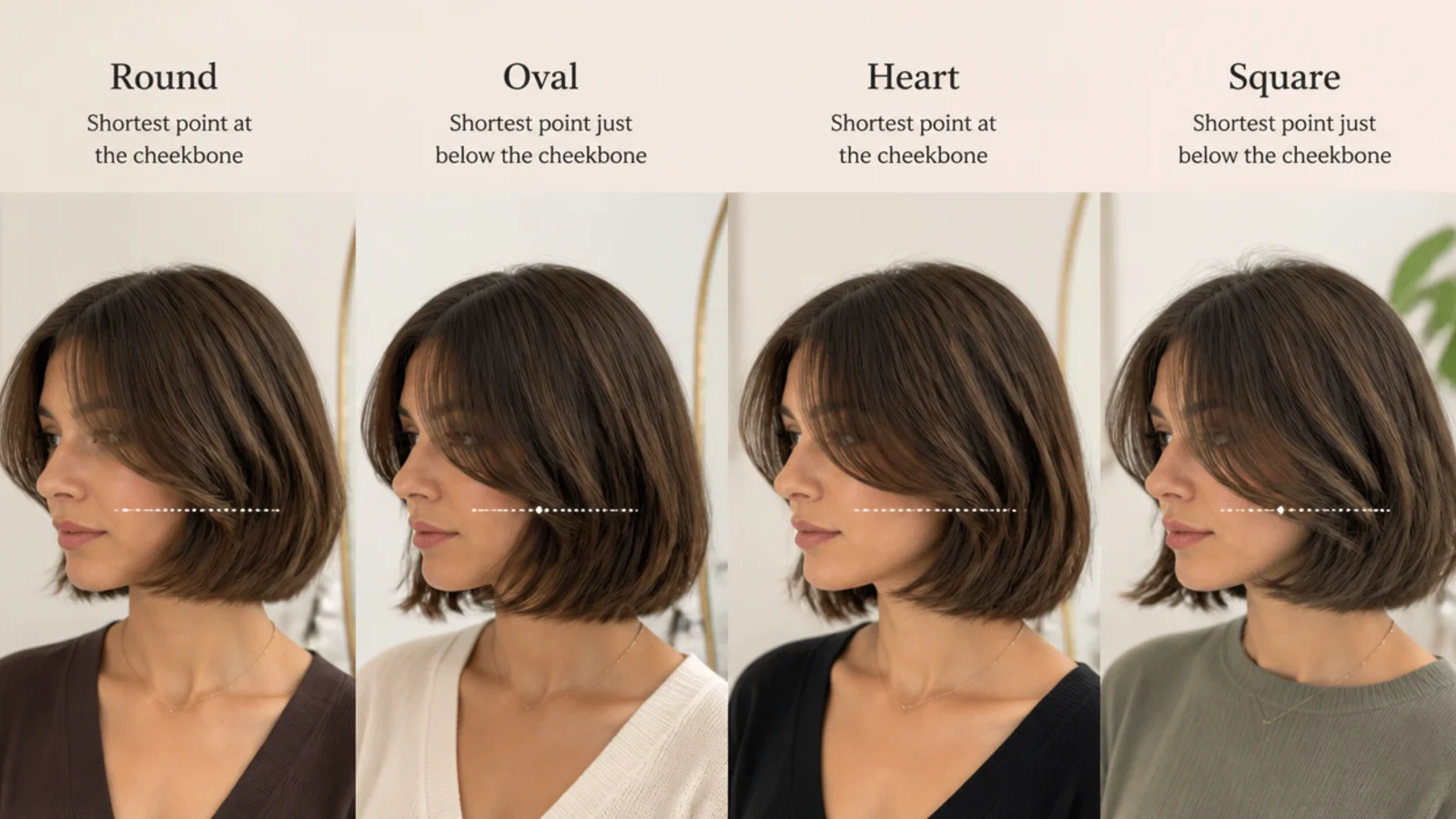 Front view of a bob and short fringe on a rounded face shape