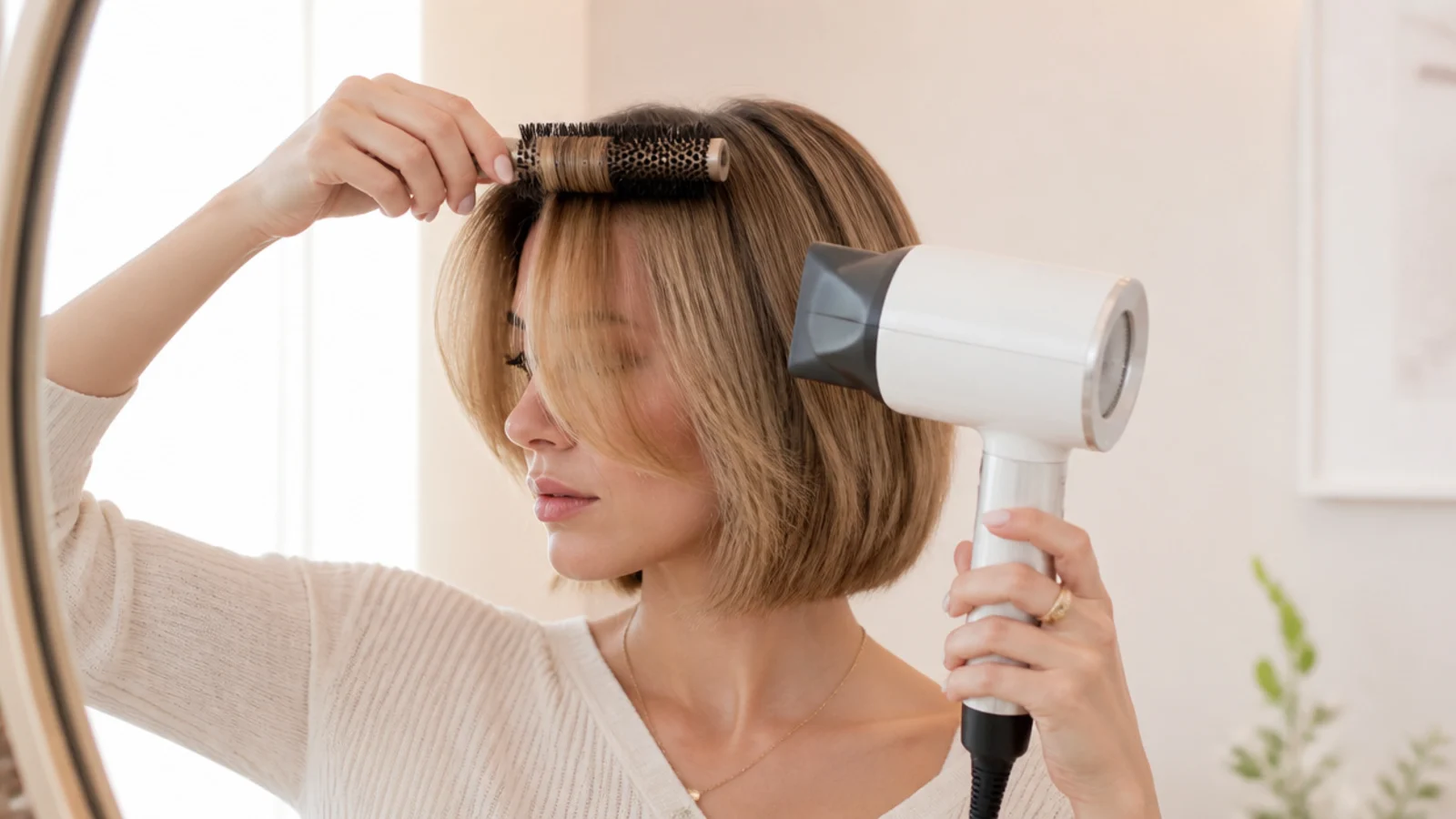 A round brush lifting a short fringe under a dryer nozzle