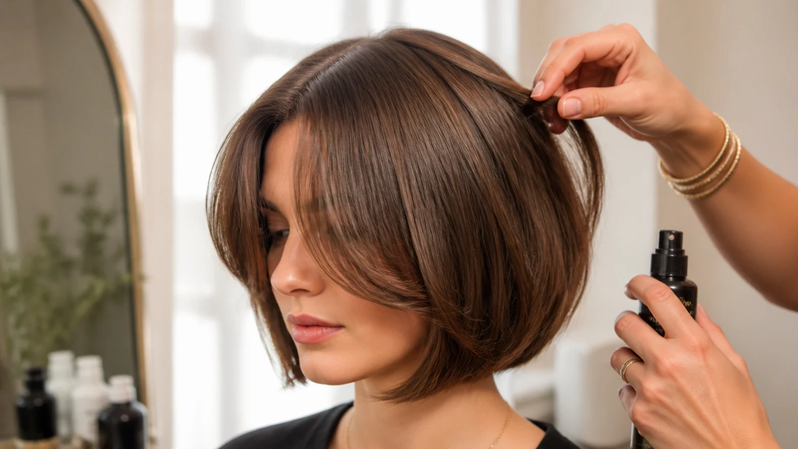Close crop of a fringe separating at a cowlick above the brow