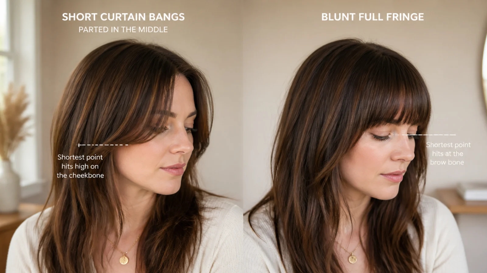 Close crop of a short centre-parted fringe graduating from brow to cheekbone