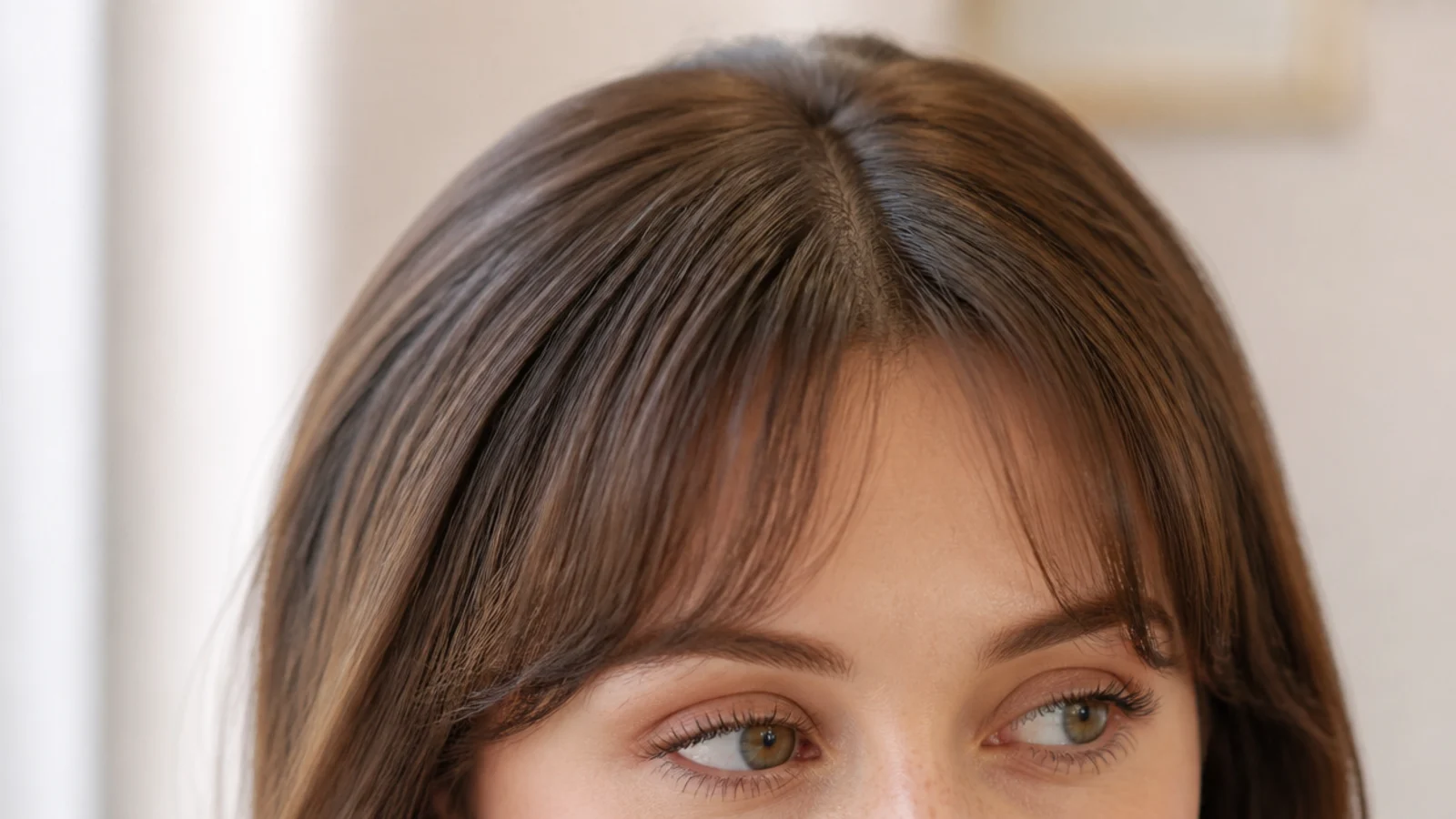 A very short fringe sitting above the eyebrows on fine hair
