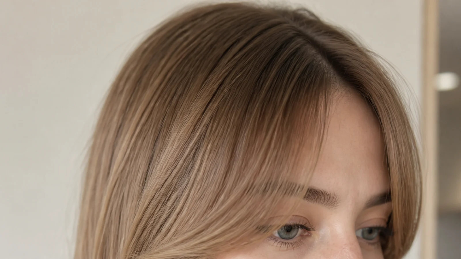 A blunt fringe grazing the eyebrows on straight fine hair