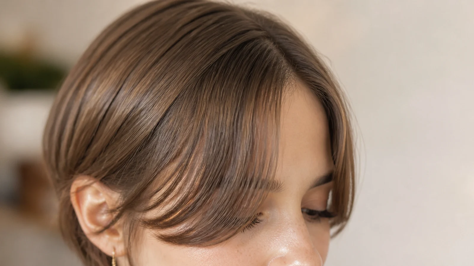 A short fringe swept across the forehead to one side