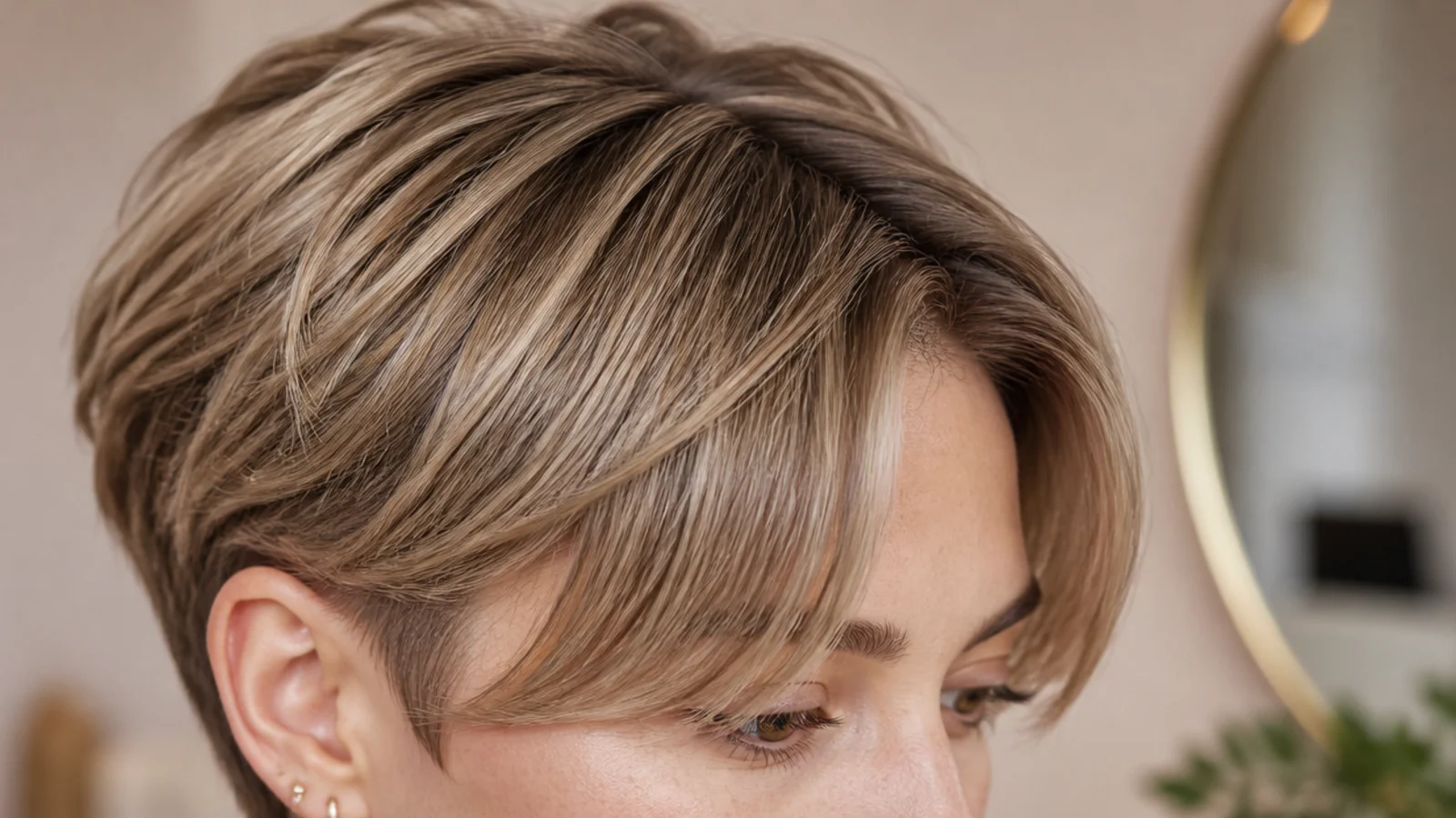 A fine-haired pixie cut with a short parted fringe