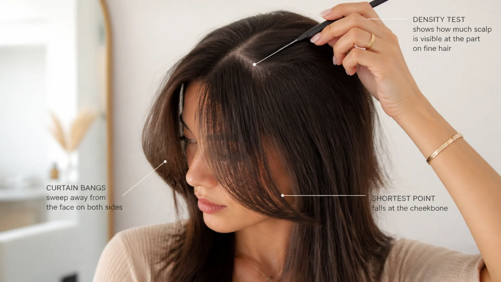 A comb lifting a shallow fringe section at the front hairline