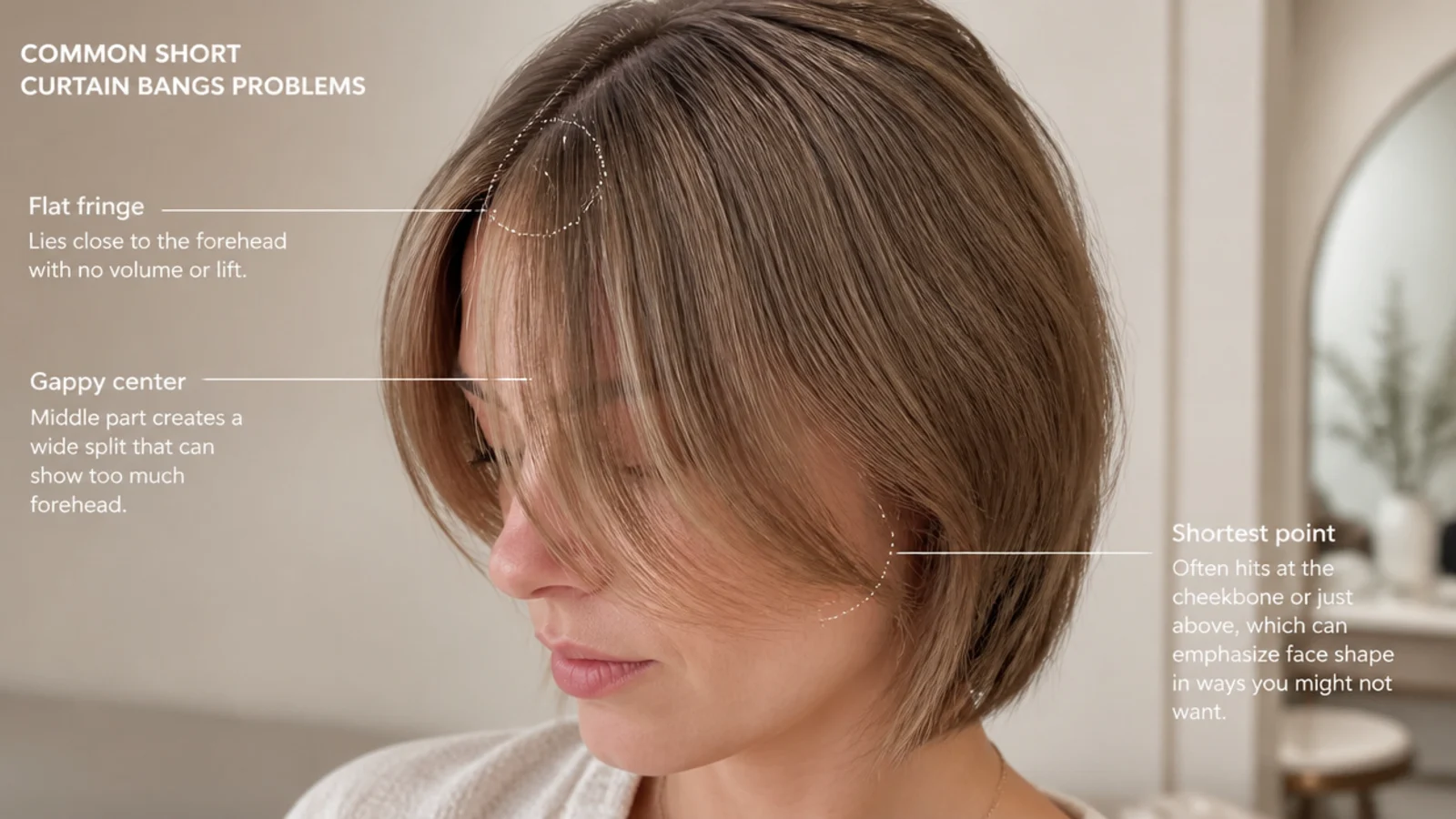 Close crop of a fringe separating into two pieces above the brow