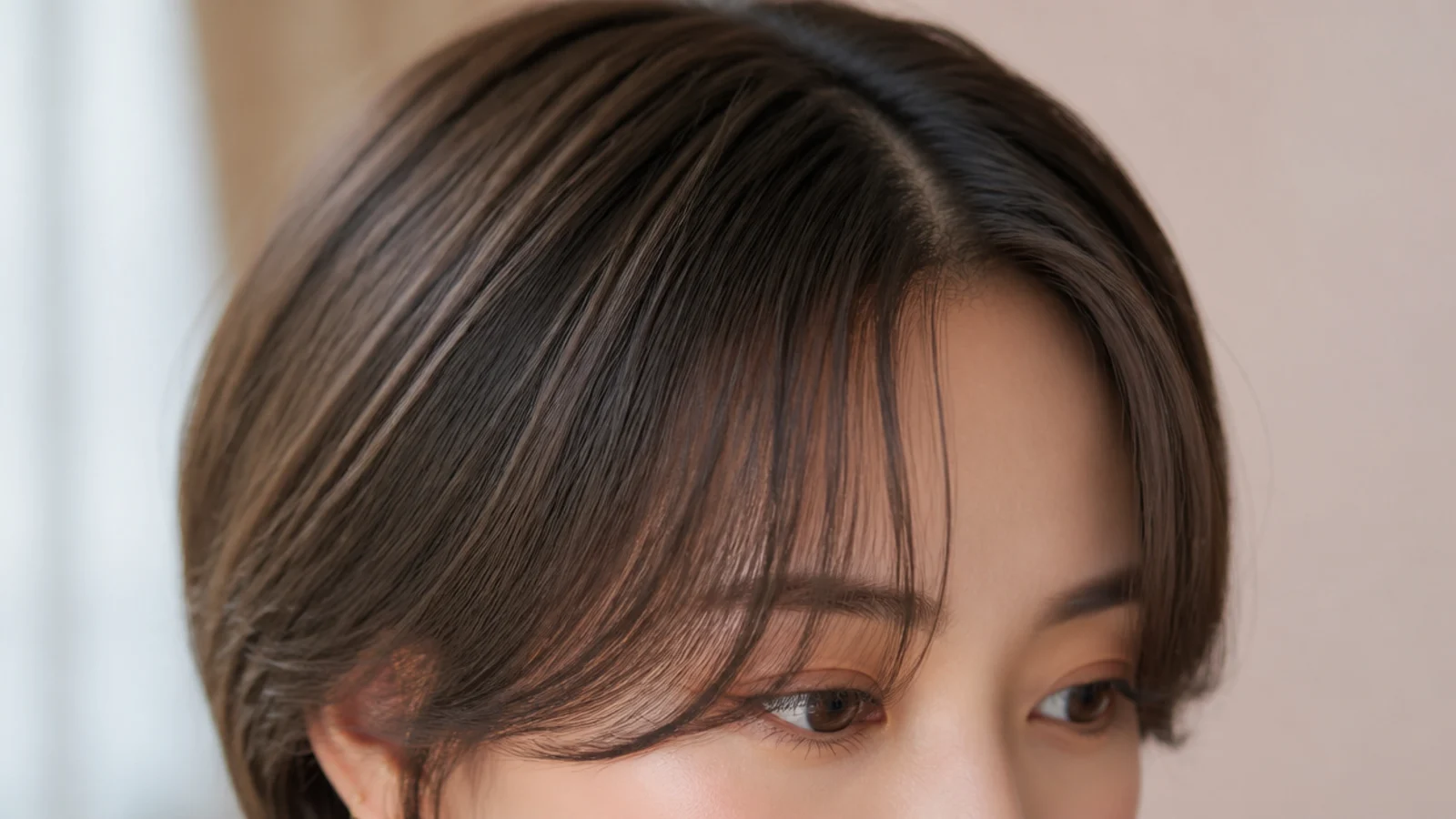 A wispy fringe skimming the eyebrows on a round face
