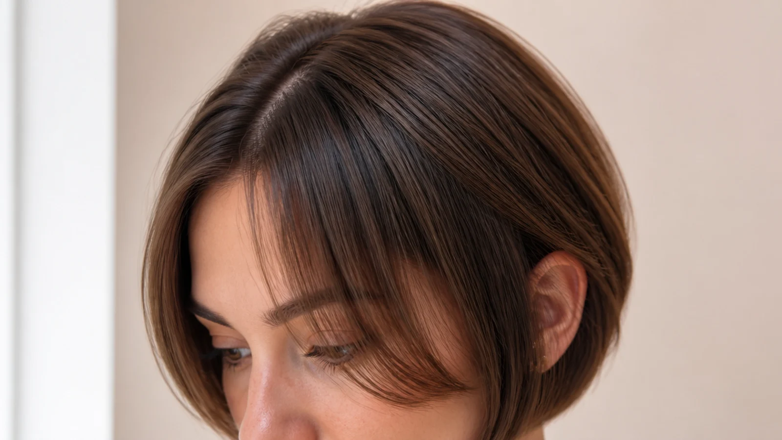 A chin-length bob with a short fringe on a round face