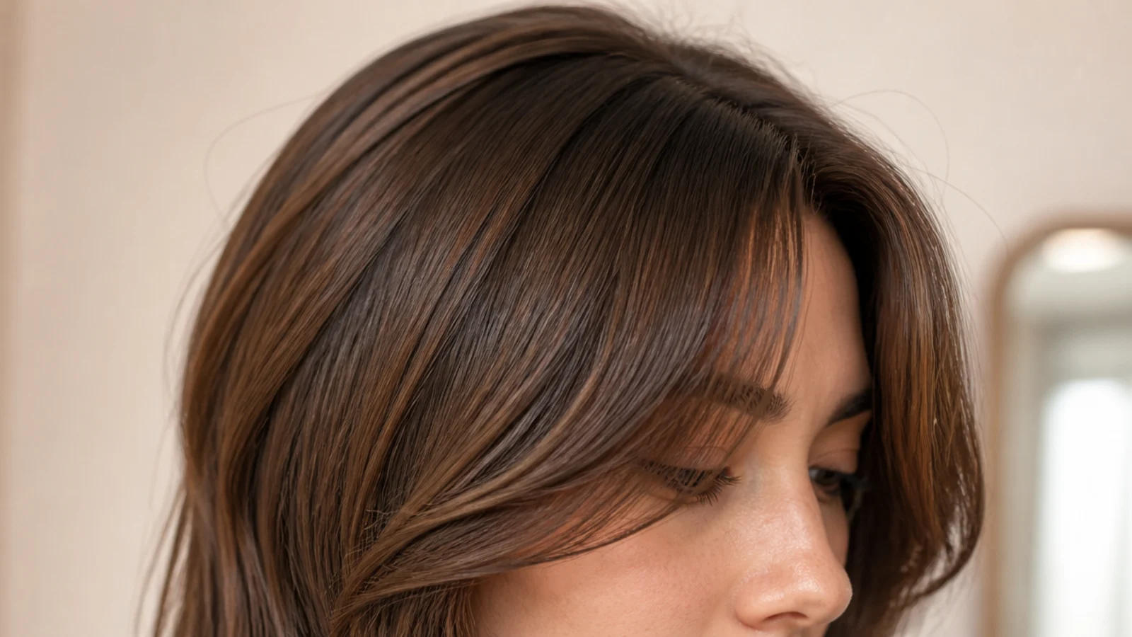 Long layers falling past the jaw with a short parted fringe