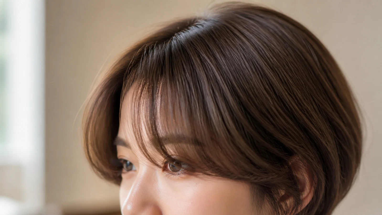 A light short fringe on fine hair framing a round face