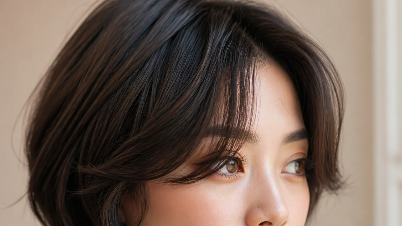 A wavy short fringe bending away from a round face