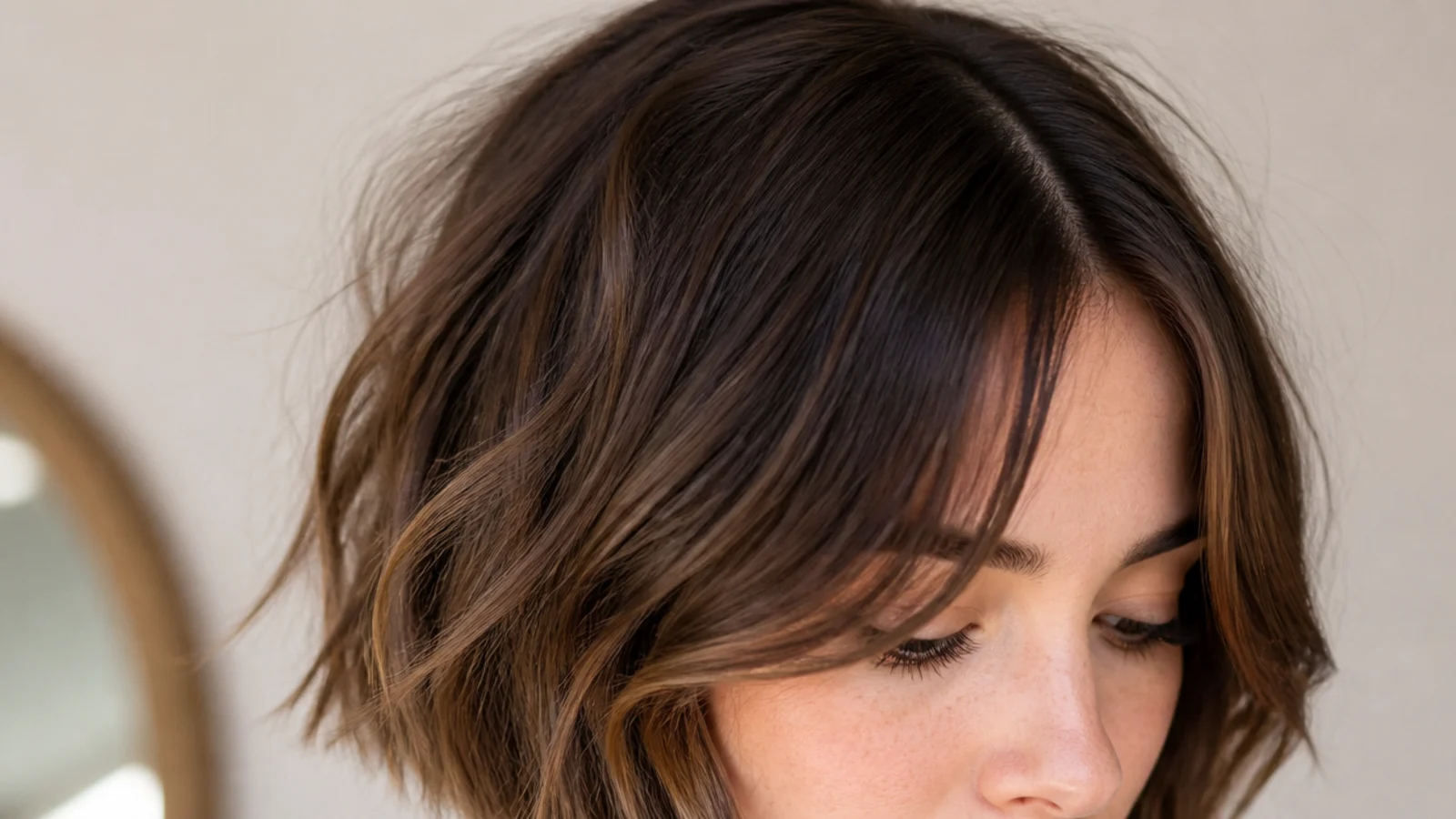 A French bob with a short fringe on a round face