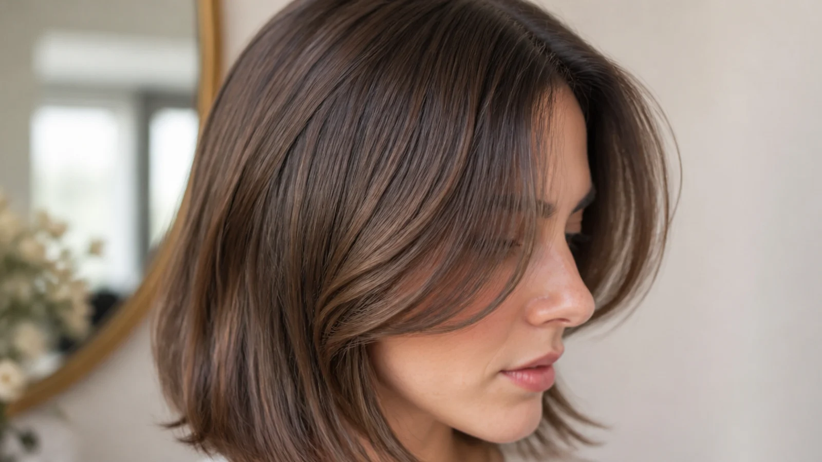 A collarbone lob worn with a short centre-parted fringe