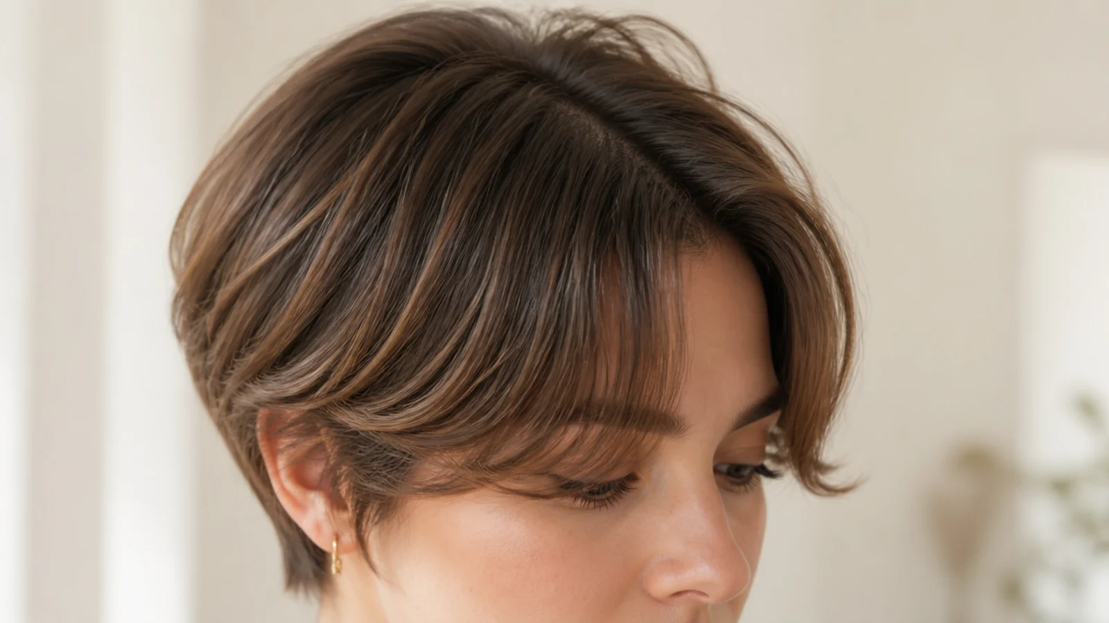 A long pixie with a swept short fringe