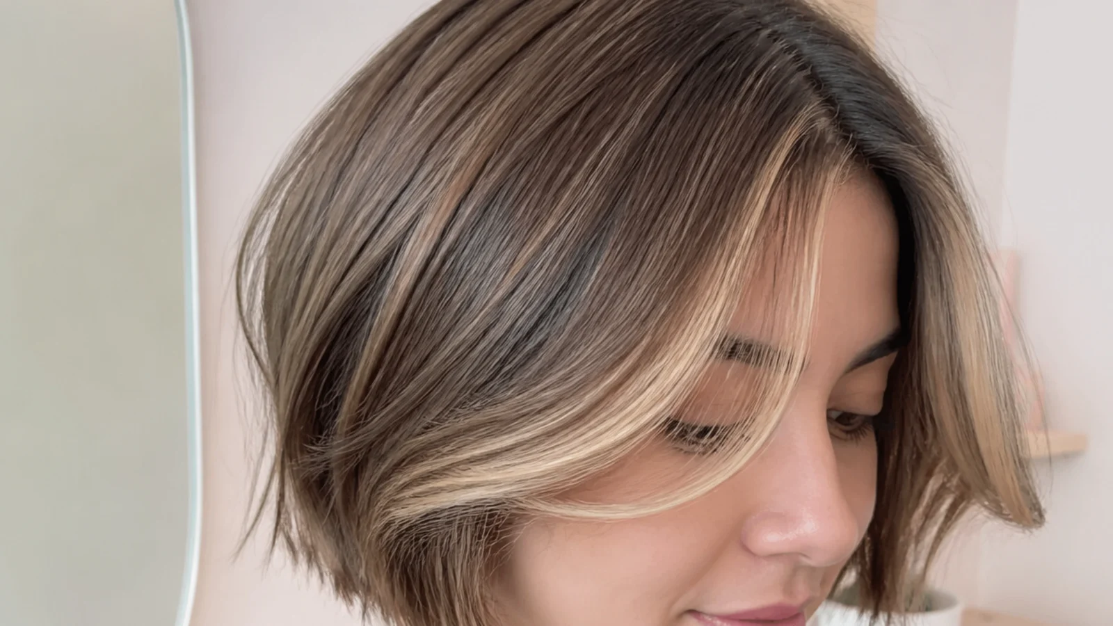 Lightened money-piece strands beside a short fringe