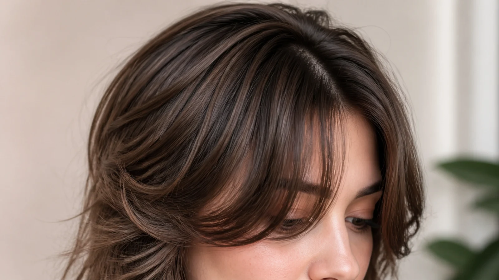 A wolf cut with heavy top layers and a short fringe