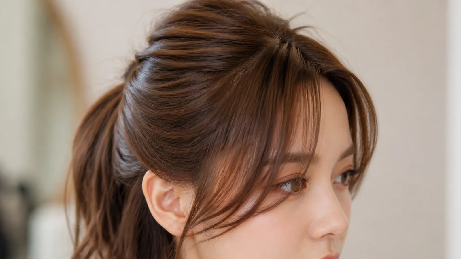 Hair worn half up with a short fringe left down