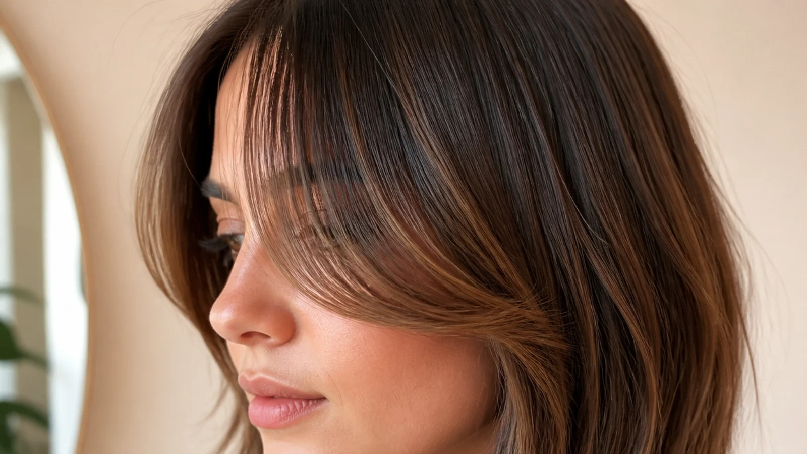 A grown-out short fringe reaching the middle of the cheeks