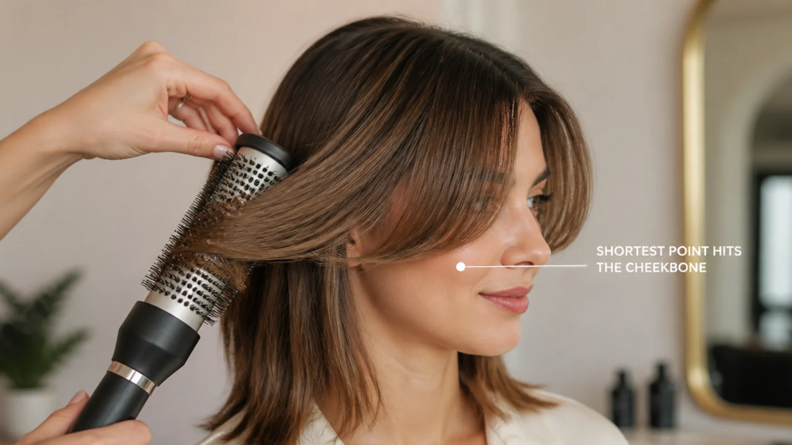 A round brush turning the ends of a short fringe away from the face