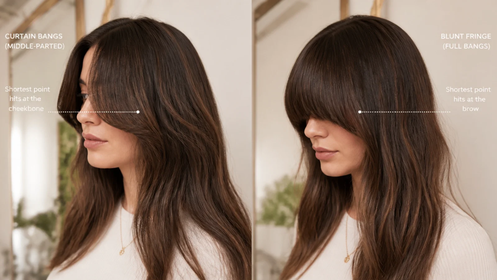 Close crop of a short fringe splitting at the centre and graduating outward