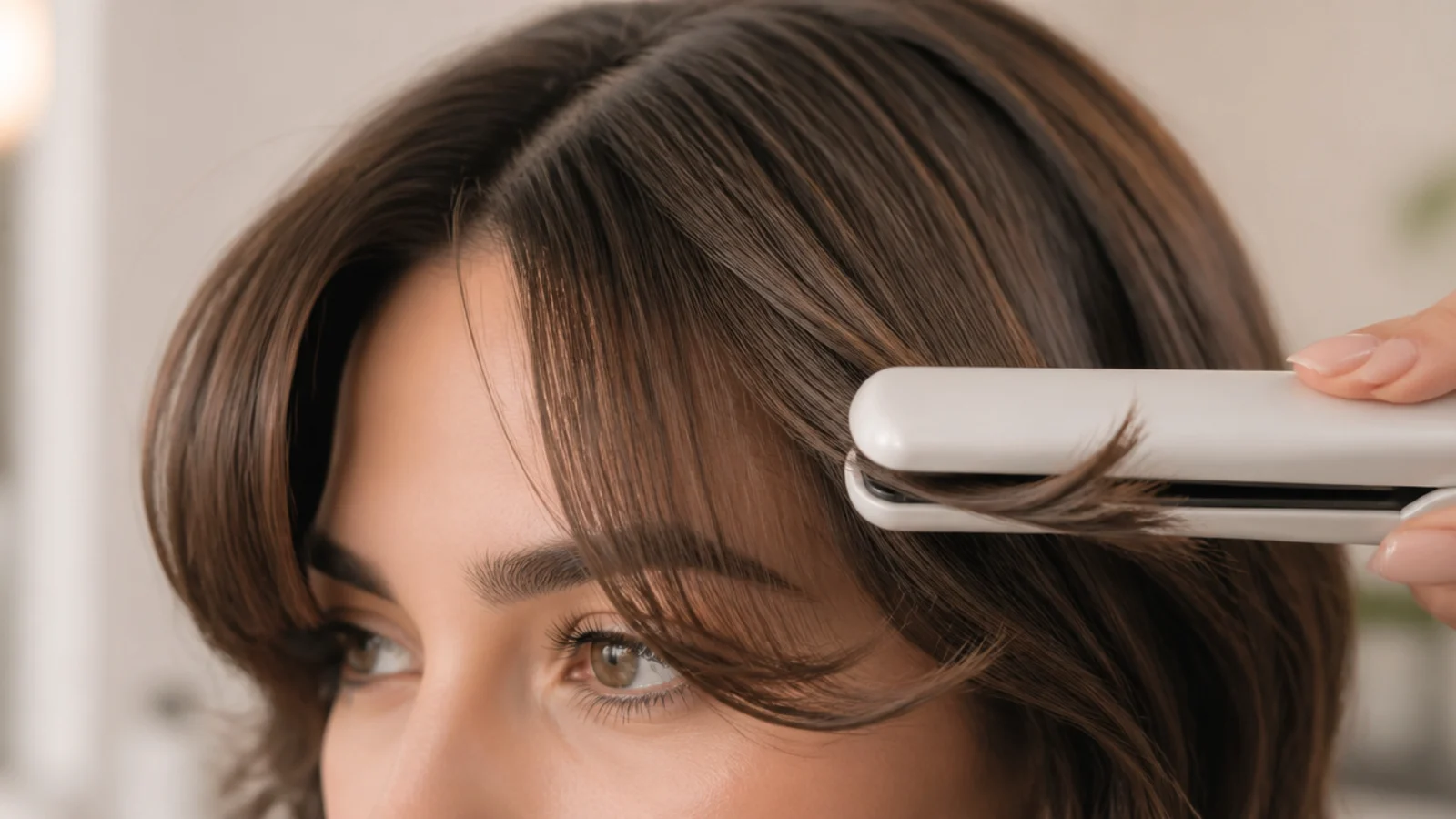A flat iron turning outward through the end of a short fringe