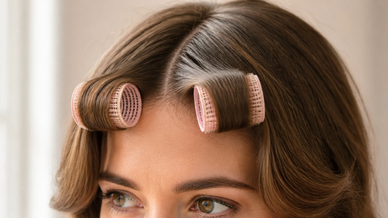 A velcro roller holding a short fringe at the root