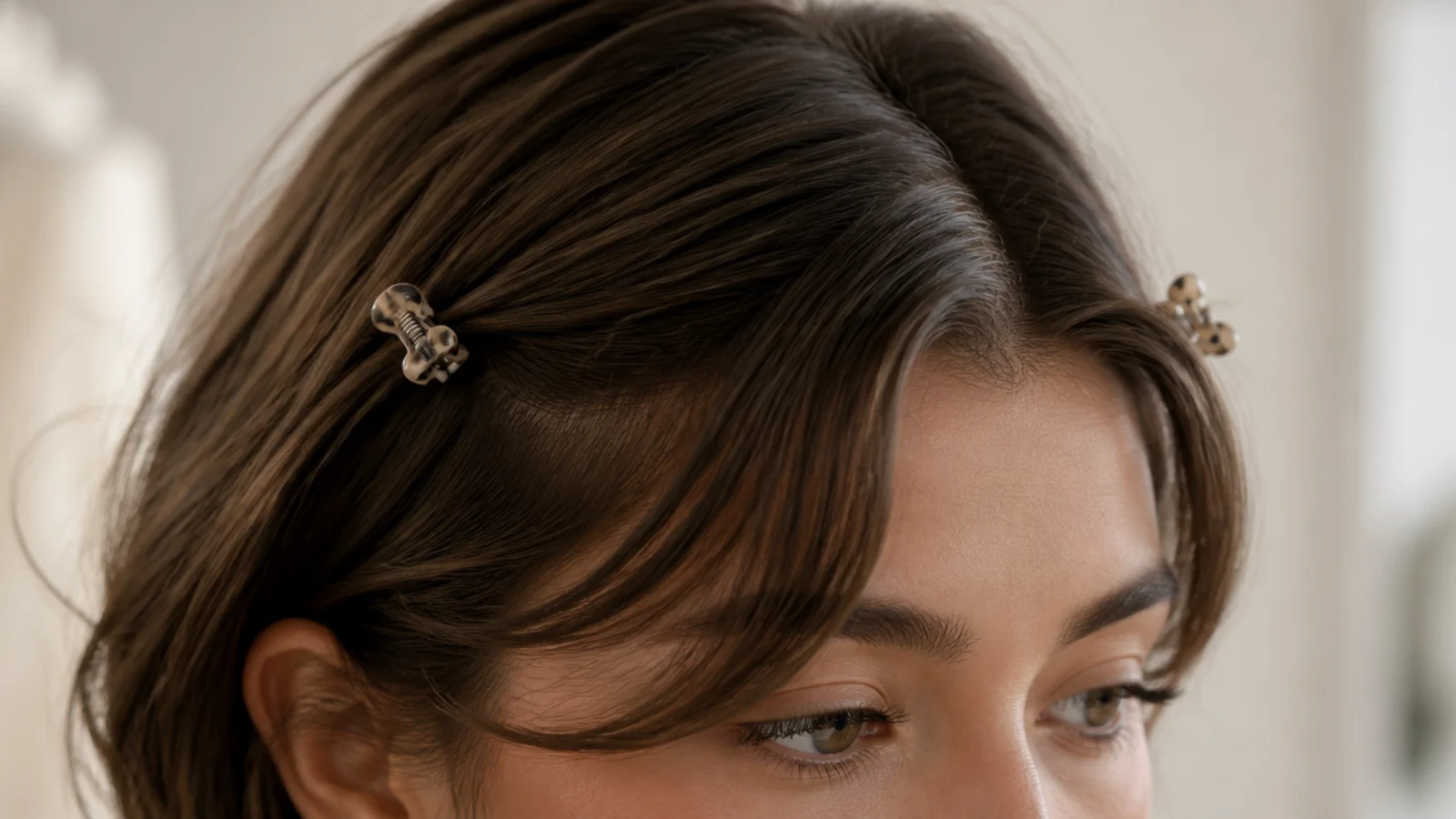 Two mini claw clips holding a short fringe back at the temples