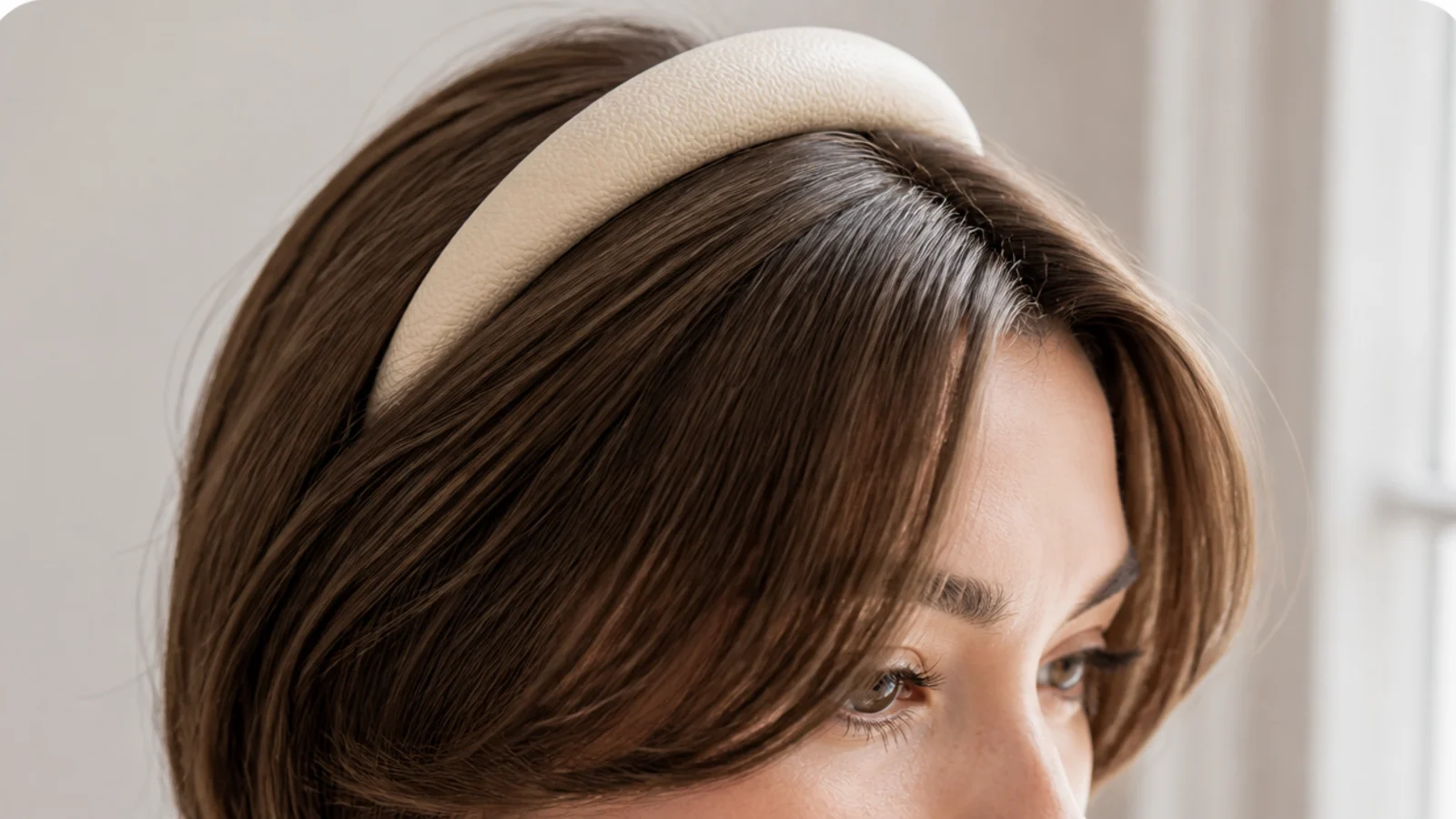 A headband worn behind a short fringe left loose