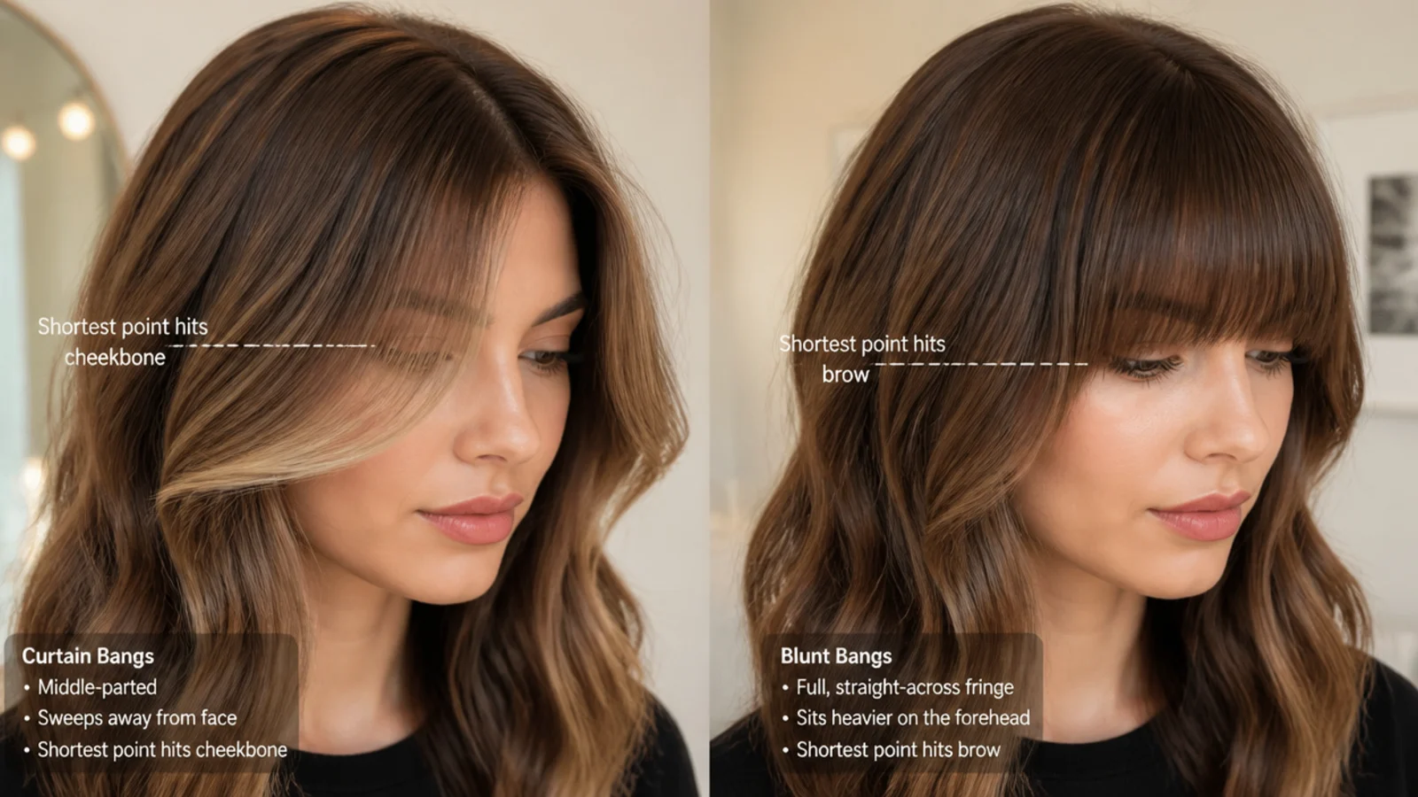 A parted curtain fringe beside a full fringe lying flat across the brow