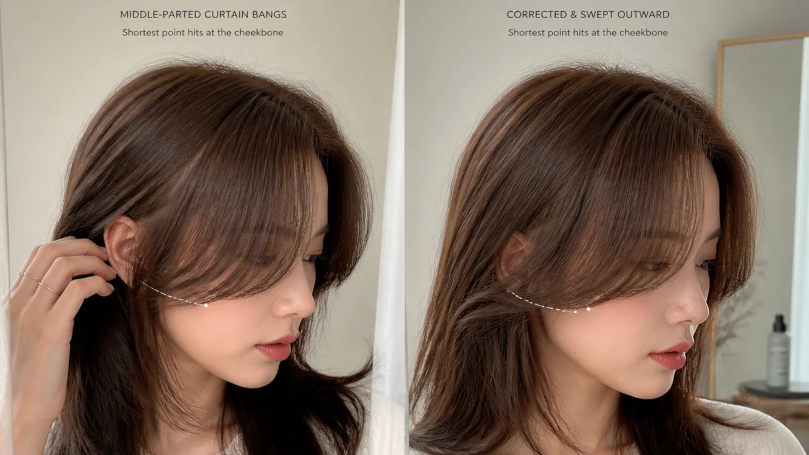Close crop of a fringe splitting apart at a cowlick