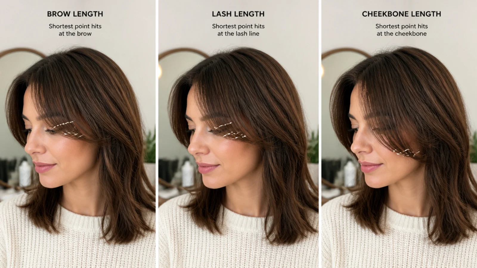 Three-quarter view of a short fringe graduating down past the cheekbone